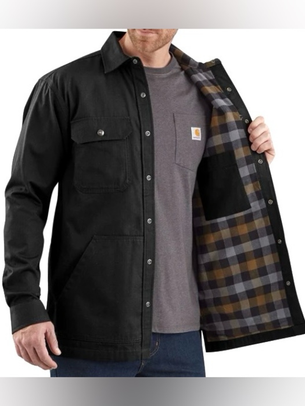 Carhartt Ripstop Mens Flannel Lined Black Canvas Snap Button Shirt Jacket Medium